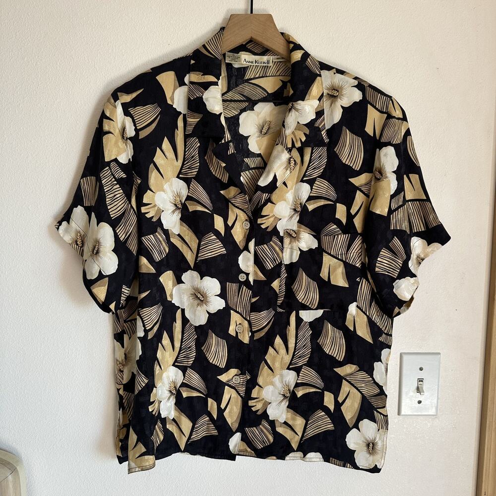 Vintage 80s 90s 100% Silk Tropical Floral Button Up Blouse Anne Klein II Sz 14 L